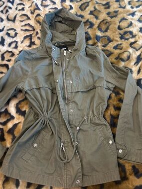 Fashion Nova Olive Green Hooded Utility Jacket with Drawstring Waist